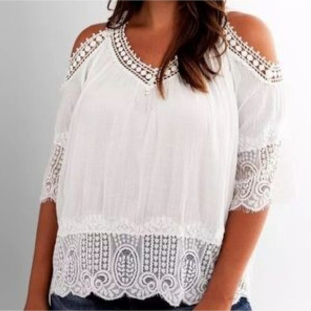 Rain White‎ cold shoulder Crochet Lace Boho Vacation Summer shirt plus size 2X